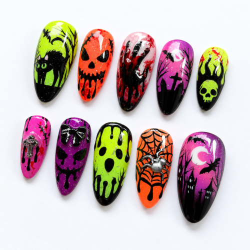 Black cat, jack-o’-lanterns, ghosts, bats press on nails