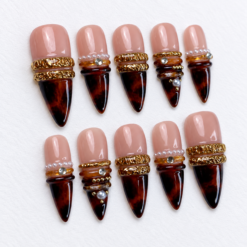 Nude Burgundy Pearl Gold Band Press-On Nails