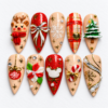 snowflakes, plaid, pine trees, bows, ornaments, a poinsettia-inspired flower press on nails