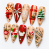 snowflakes, plaid, pine trees, bows, ornaments, a poinsettia-inspired flower press on nails