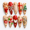 snowflakes, plaid, pine trees, bows, ornaments, a poinsettia-inspired flower press on nails