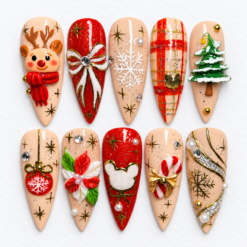 Nude red christmas press-on nails with a reindeer, snowflakes, plaid, pine trees, bows and ornaments.