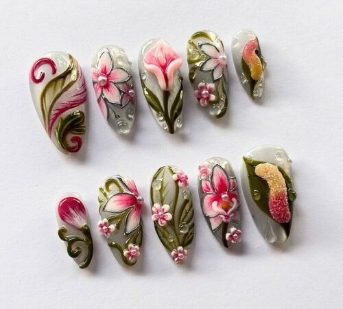 Olive green floral press-on nails