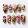 Olive green floral press-on nails