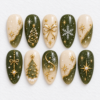 Olive gold christmas press-on nails with Christmas trees, snowflakes, bows, starbursts and pearl-like accents.