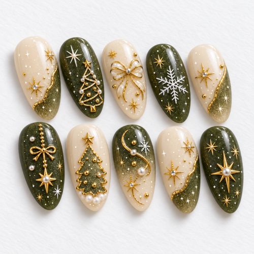 Christmas trees, snowflakes, ribbon bows, starbursts press on nails