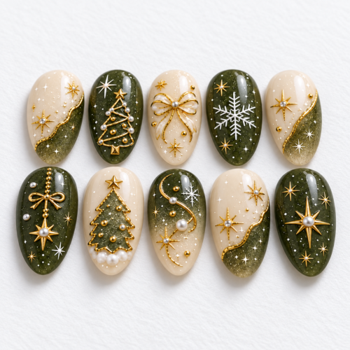 Christmas trees, snowflakes, ribbon bows, starbursts press on nails