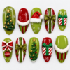Olive green christmas press-on nails with decorated trees, Santa hats, gift bows, candy stripes and snowflakes.