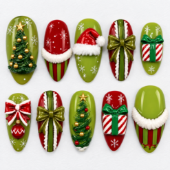Olive green christmas press-on nails with decorated trees, Santa hats, gift bows, candy stripes and snowflakes.