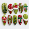 press-on nails in olive green, red, cream white and gold