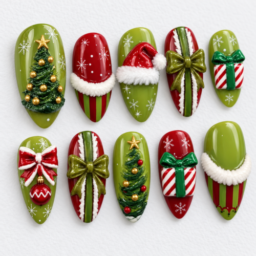 press-on nails in olive green, red, cream white and gold
