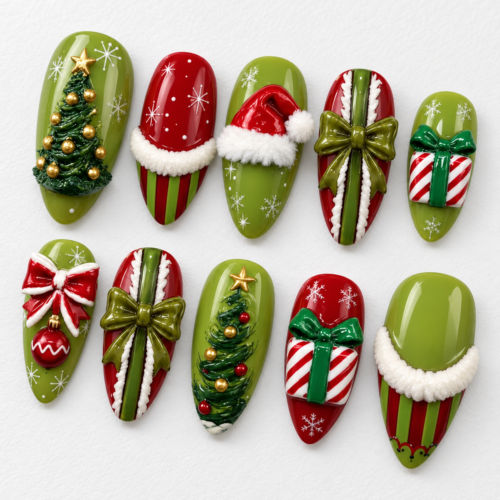 press-on nails in olive green, red, cream white and gold