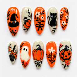 Halloween pumpkin press-on nails in orange, cream and black with a witch hat, cats, ghosts and flowers