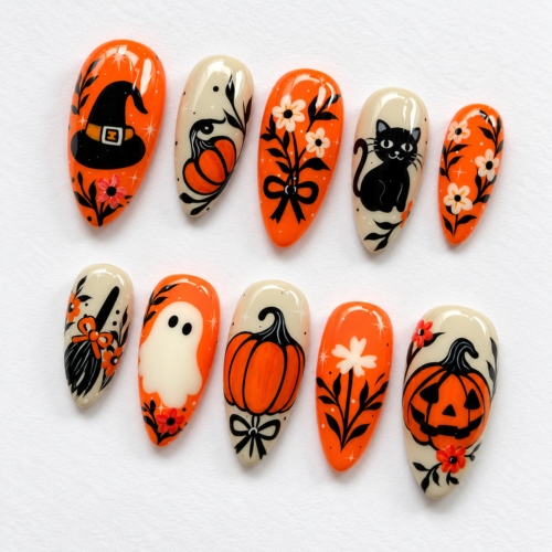Black cat and magic hat patterned press-on nails