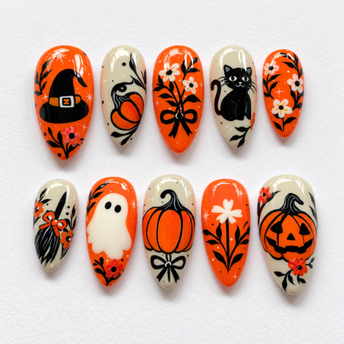 Black cat and magic hat patterned press-on nails