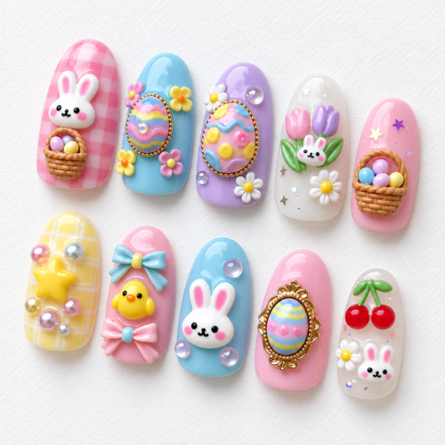woven-look baskets, flowers, a chick, cherries, bows press on nails