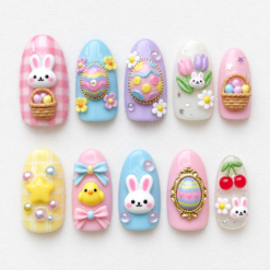 Pastel bunny easter press-on nails with decorated eggs, baskets, flowers, bows and a chick in soft spring colors.