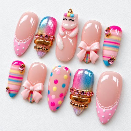 press-on nails with blush-pink bases, iridescent rainbow gradients