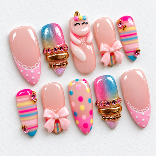 press-on nails with blush-pink bases, iridescent rainbow gradients