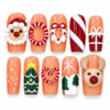 Peach christmas press-on nails with Santa and reindeer characters, candy stripes, gift bows, Christmas trees and snowflakes.