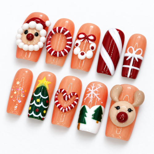 a candy-striped ornament, bows, a gift, Christmas trees, snowflakes press on nails