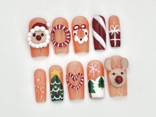 a candy-striped ornament, bows, a gift, Christmas trees, snowflakes press on nails
