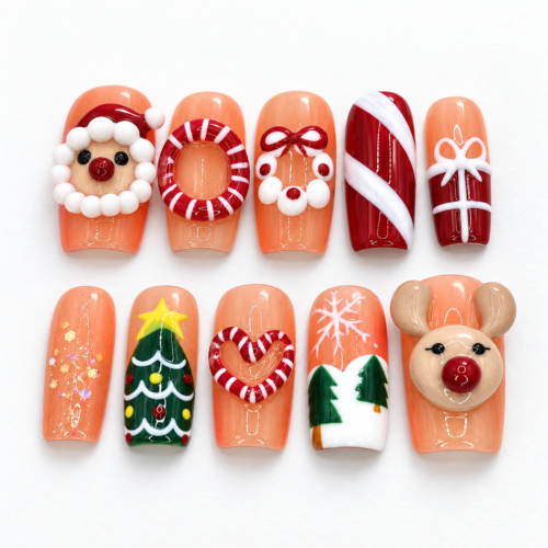 a candy-striped ornament, bows, a gift, Christmas trees, snowflakes press on nails