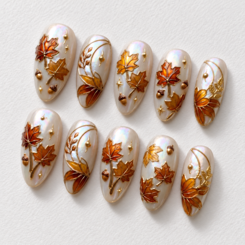 amber maple leaves, acorns, botanical branches press on nails