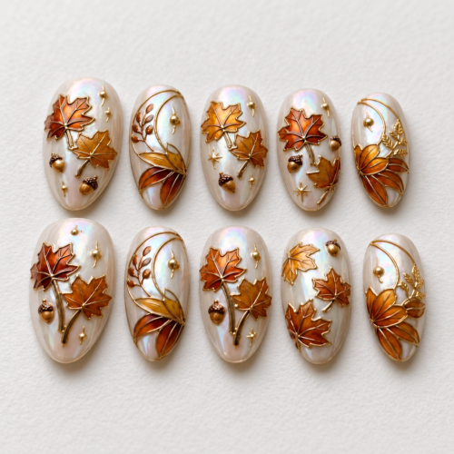 amber maple leaves, acorns, botanical branches press on nails