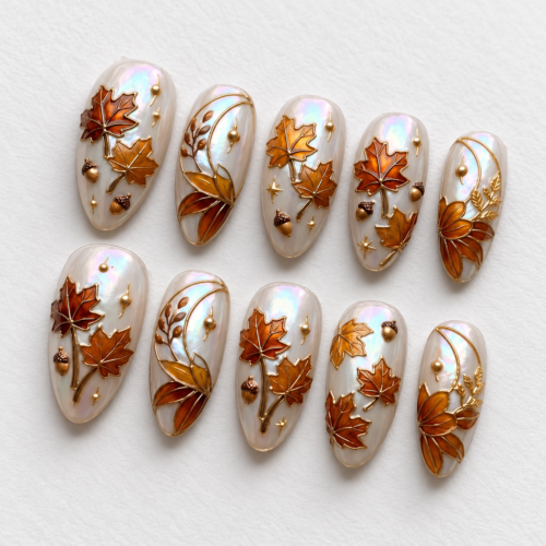 amber maple leaves, acorns, botanical branches press on nails
