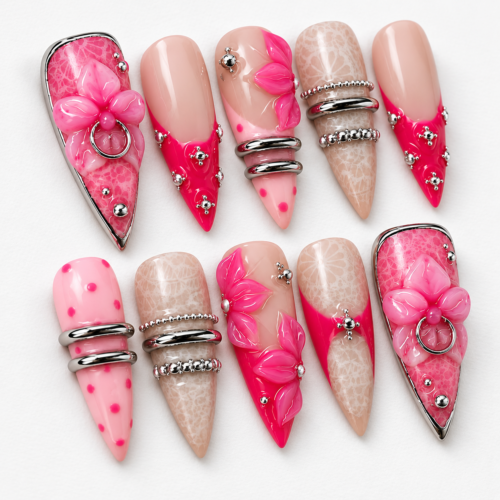 polka dots, silver-tone bands, ring-shaped accents press on nails