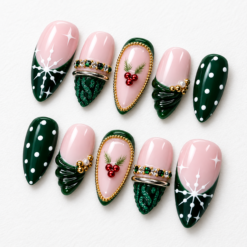 Pink Green Holly Christmas Press-On Nails