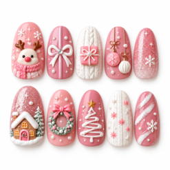 Pink knit christmas press-on nails with a reindeer, bows, ornaments, snowflakes, a wreath and a snowy cottage.