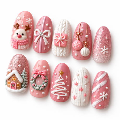 knitwear textures, bows, ornaments, snowflake press on nails
