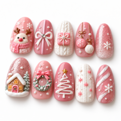 Pink Knit Reindeer Christmas Press-On Nails
