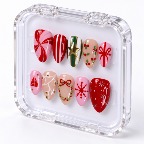 Peppermint Swirl, Stripes, Ribbon Bow, Berries and Leaves press on nails