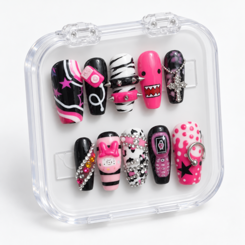 Stars, stripes, polka dots, cow print, studs, chain details press on nails