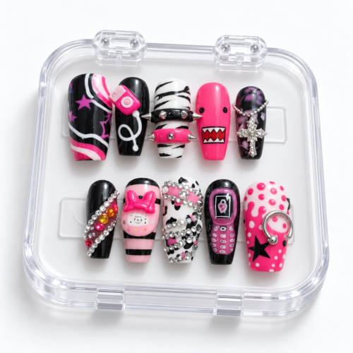 Stars, stripes, polka dots, cow print, studs, chain details press on nails