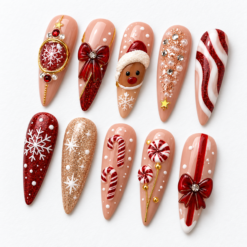 Pink Reindeer Candy Cane Christmas Press-On Nails