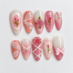 Pink Rose Lace Bow Floral Press-On Nails