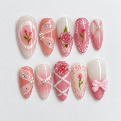 Roses, floral stems, lace-inspired patterns and bows press on nails