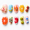 Fruit press-on nails in pastel pink, aqua and cream with citrus slices, banana, tomatoes, olives and seafood art