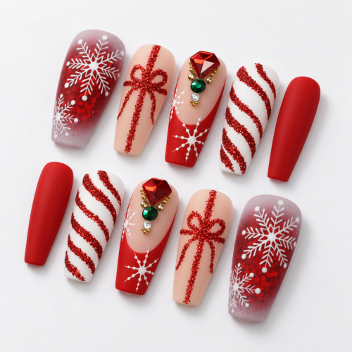 Snowflakes, glitter bows, candy-cane stripe press on nails