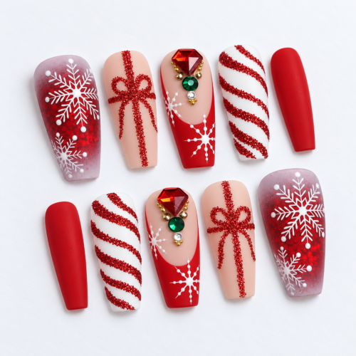 Snowflakes, glitter bows, candy-cane stripe press on nails