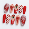 Snowflakes, glitter bows, candy-cane stripe press on nails