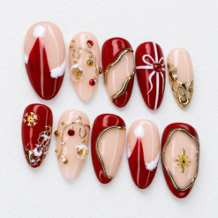 Red Gold Christmas Ribbon Press-On Nails