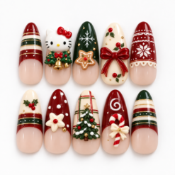 Red green christmas press-on nails with a festive cat, pine trees, candy cane, bows, snowflakes and plaid patterns.