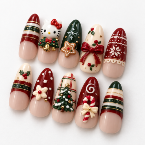 decorated pine trees, holly berries, a candy cane, snowflakes, bows press on nails