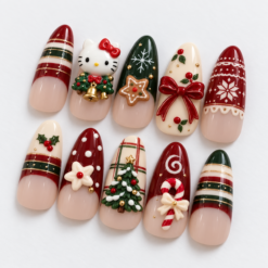 Red Green Christmas Cat & Tree Press-On Nails