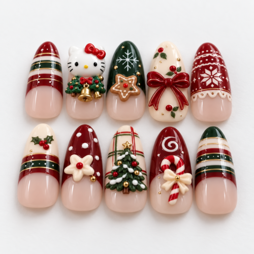 decorated pine trees, holly berries, a candy cane, snowflakes, bows press on nails